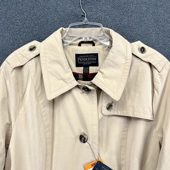 Pendleton Trench Coat Womens XXL Classic Tan Beige Plaid Lining Belted Buttons - Picture 7 of 16
